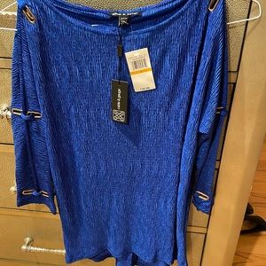 Cable & Gauge - royal blue cold shoulder blouse with metal details.